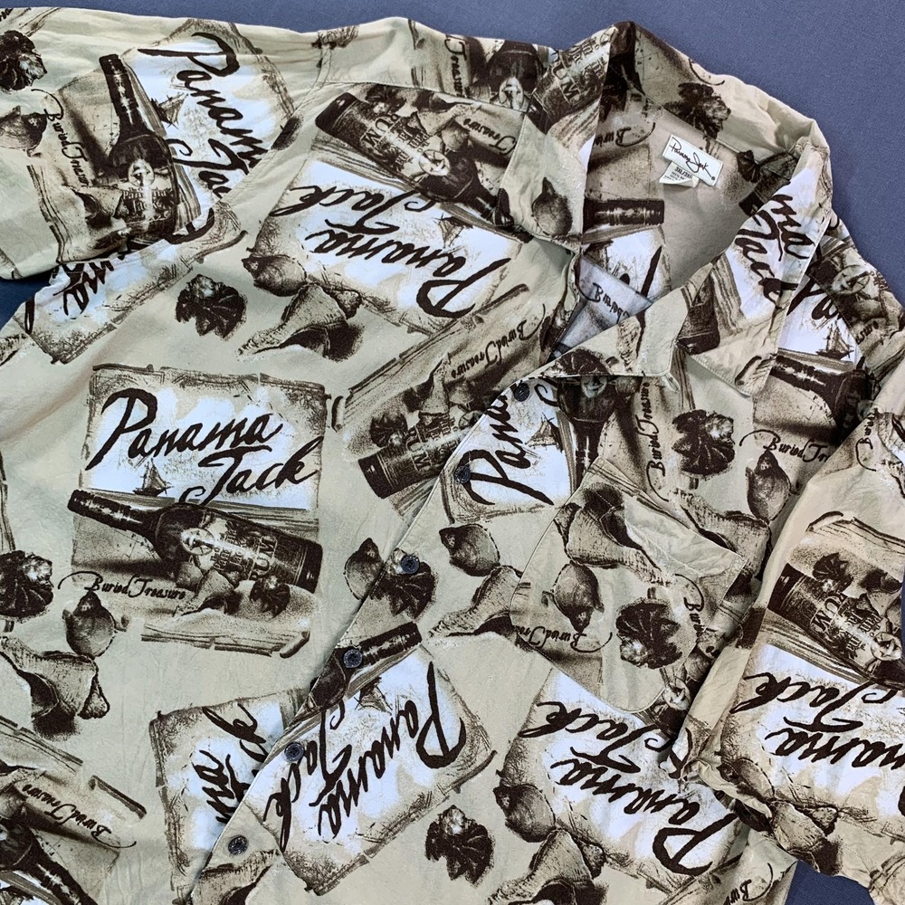 Panama Jack Shirt Mens 3XL Beige Hawaiian Rum Graphic Button Short‎ Sleeve Rayon